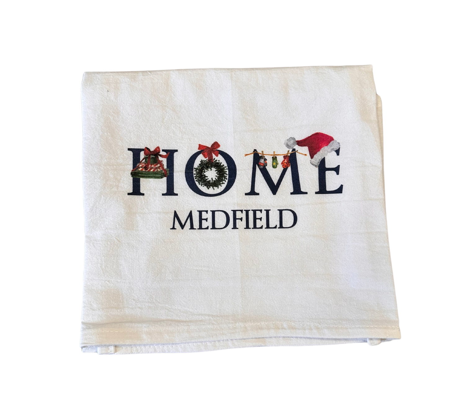 Home in Medfield Christmas tea towel by Tina Labadini Designs, festive holiday kitchen decor. Available at Be Charmed.