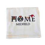 Home in Medfield Christmas tea towel by Tina Labadini Designs, festive holiday kitchen decor. Available at Be Charmed.