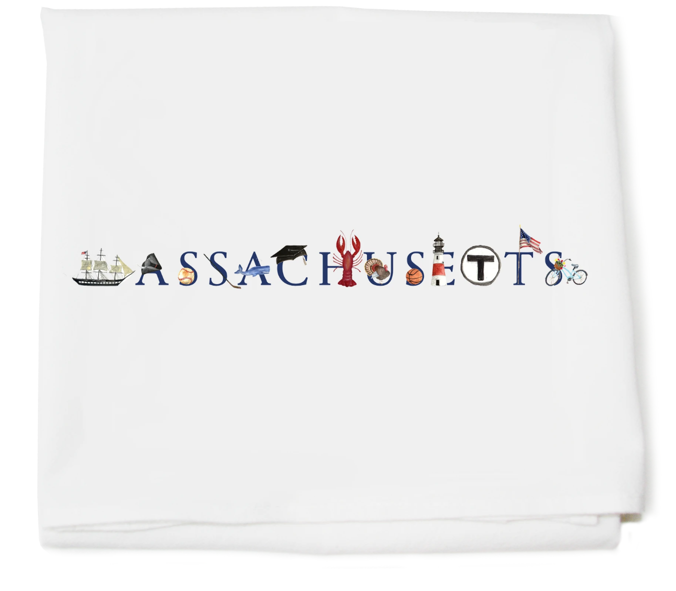 A white cotton kitchen towel with the word 'MASSACHUSETTS' and an illustration that includes a sailboat, a lobster, a crab, and a representation of the state flag. Available at Be Charmed