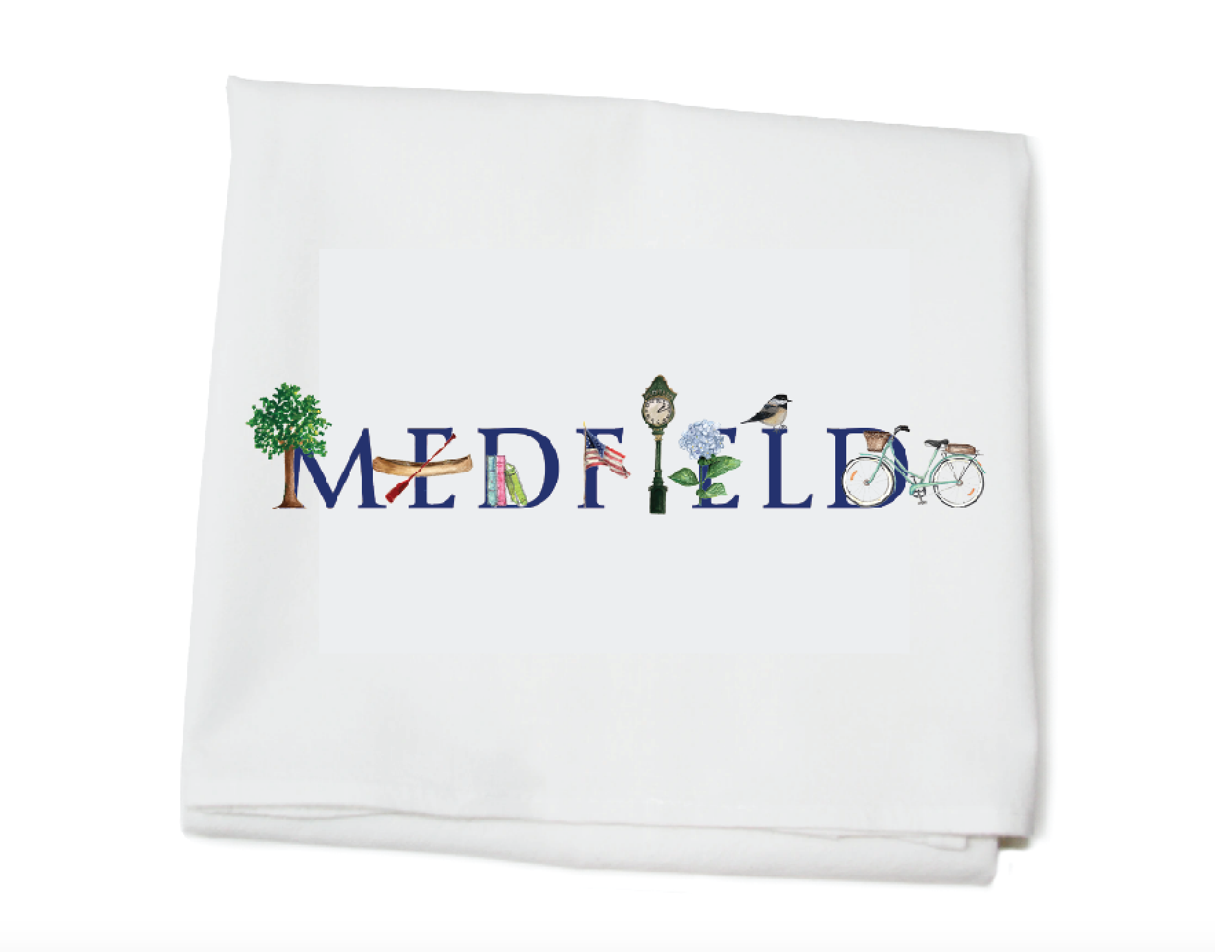 Tina Labadini Designs Tea Towel featuring Medfield illustration. Charming local kitchen décor and gift. Available at Be Charmed.
