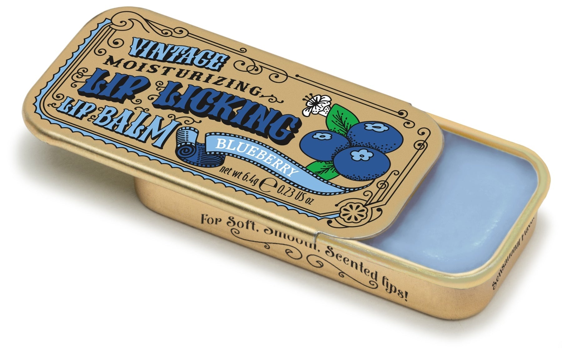 A gold vintage-style lip balm tin with blueberry and grape design, containing blue lip balm. Available at Be Charmed