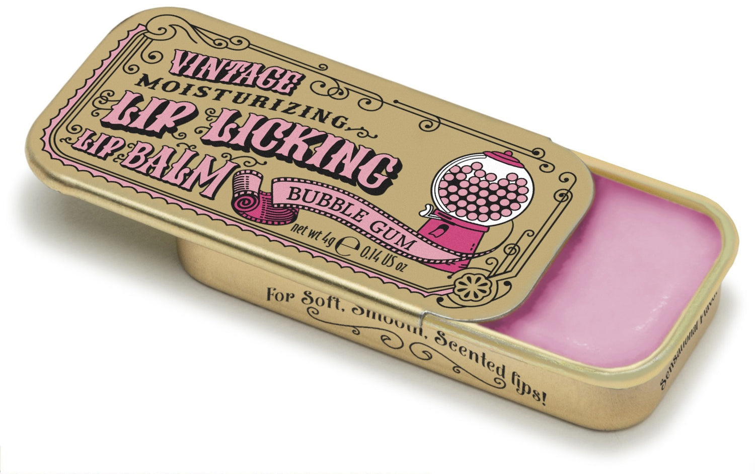 A gold-colored metal lip balm tin with a pinkish-bubble gum-scented lip balm inside. The lid features vintage-style graphics including a cup with a bubble and the text 'Vintage Lip Licking Bubble Gum'.Available at Be Charmed
