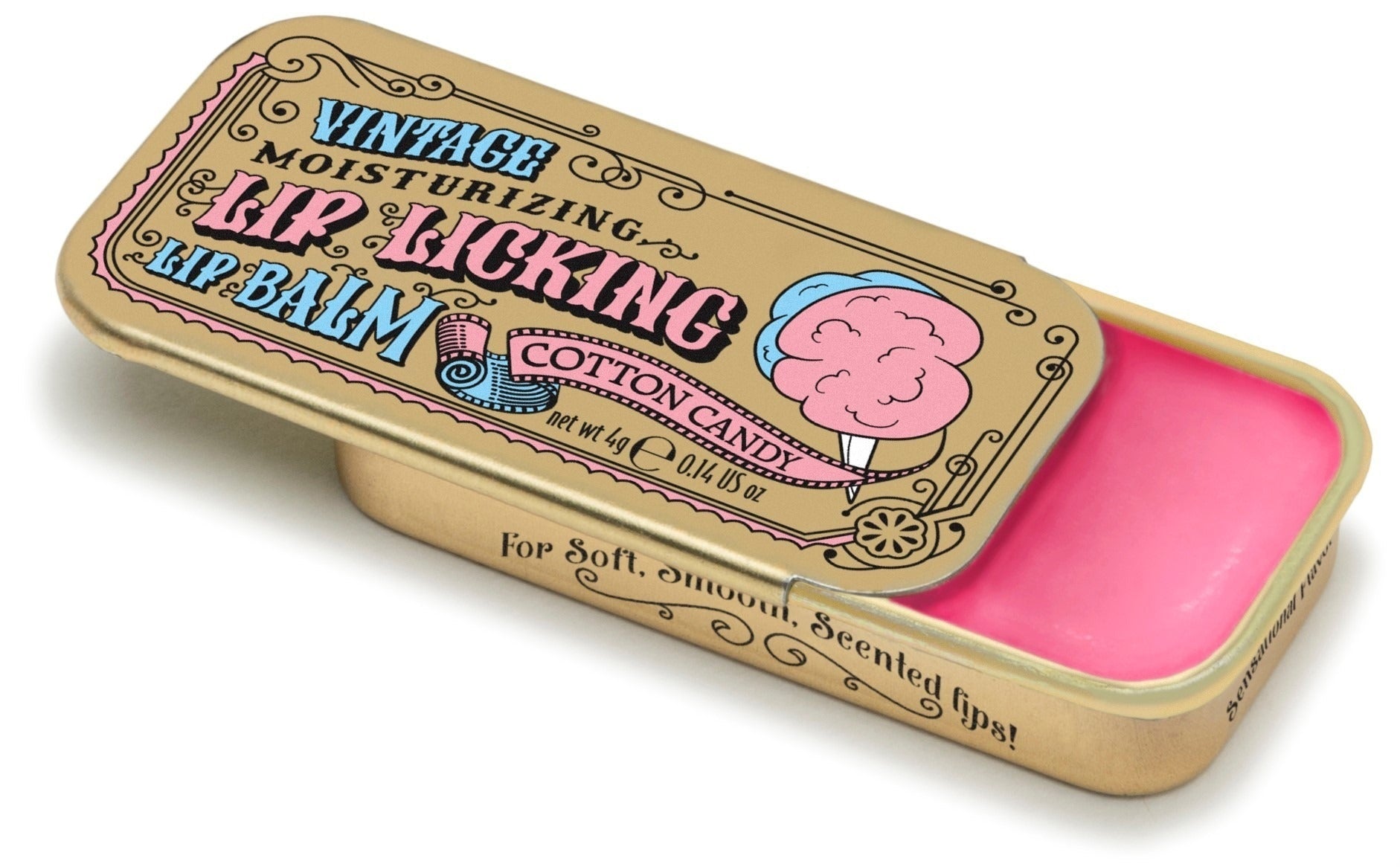 Tinte Lip Balm – Cotton Candy flavored lip balm in vintage slider tin, sweet and hydrating. Available at Be Charmed.