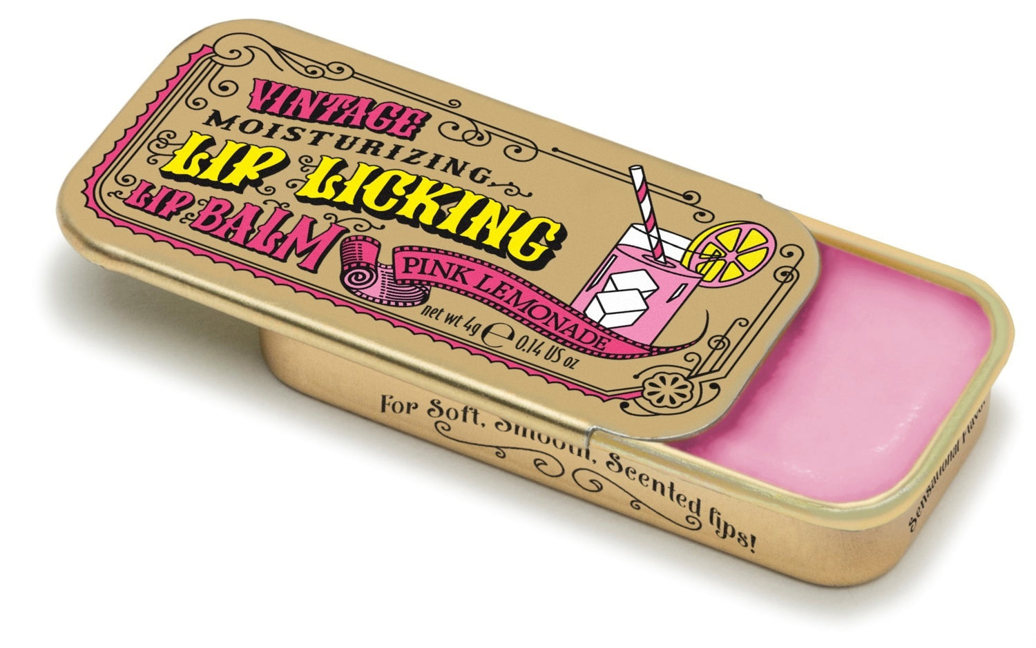 Tinte Lip Balm – Pink Lemonade flavored lip balm in vintage slider tin, hydrating and nostalgic. Available at Be Charmed.