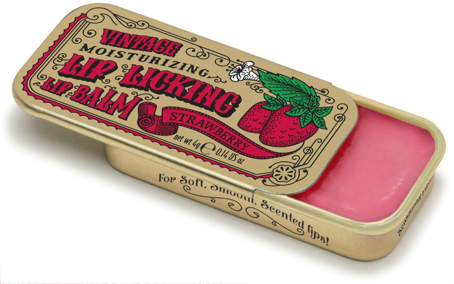 Tinte Lip Balm – Strawberry flavored lip balm in vintage slider tin, sweet, hydrating, and nostalgic. Available at Be Charmed.
