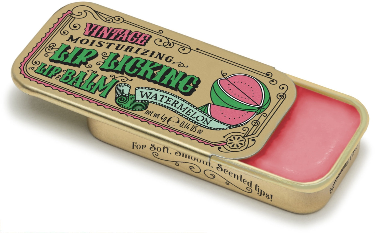 Tinte Lip Balm – Watermelon flavored lip balm in vintage slider tin, sweet, hydrating, and fun. Available at Be Charmed.