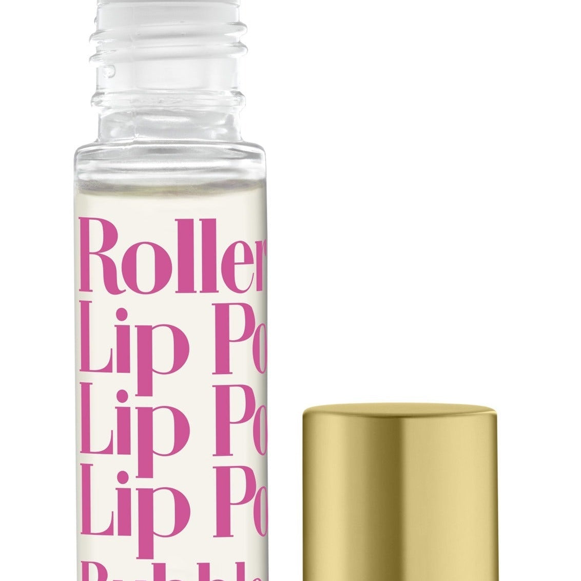 A clear rollerball lip potion bottle with 'Roller Lip Potion' written in pink, alongside a gold-colored cap. Available at Be Charmed