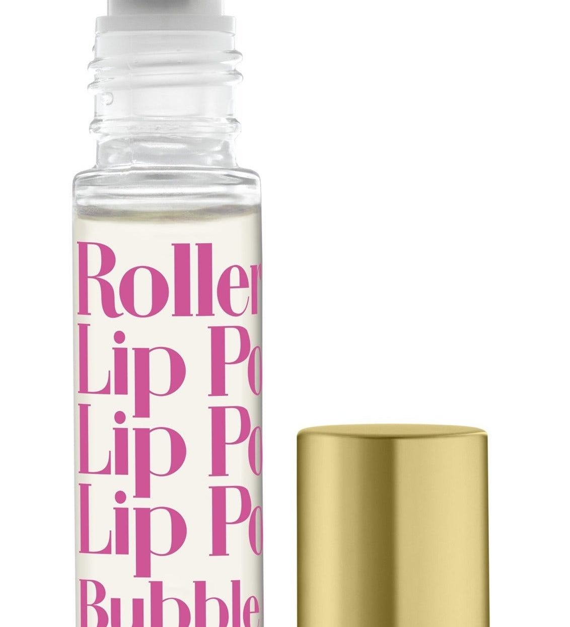 A clear rollerball lip potion bottle with 'Roller Lip Potion' written in pink, alongside a gold-colored cap. Available at Be Charmed