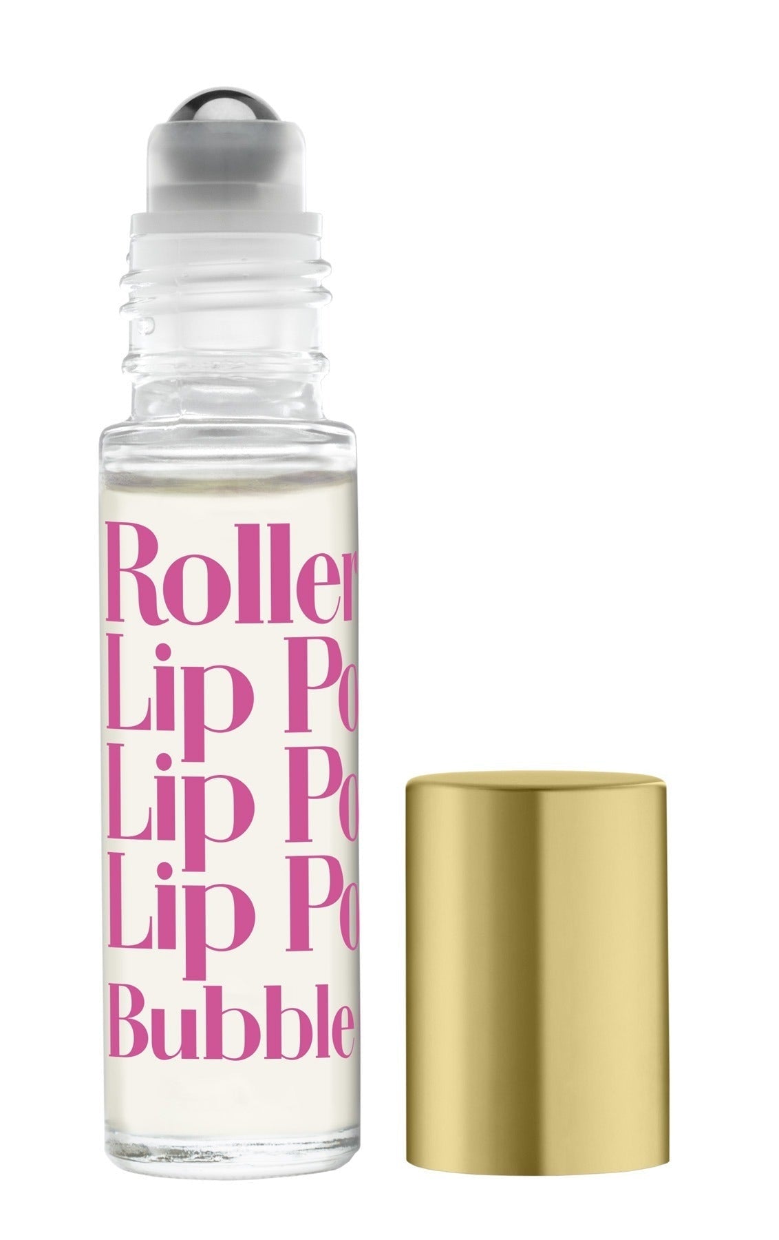 A clear rollerball lip potion bottle with 'Roller Lip Potion' written in pink, alongside a gold-colored cap. Available at Be Charmed