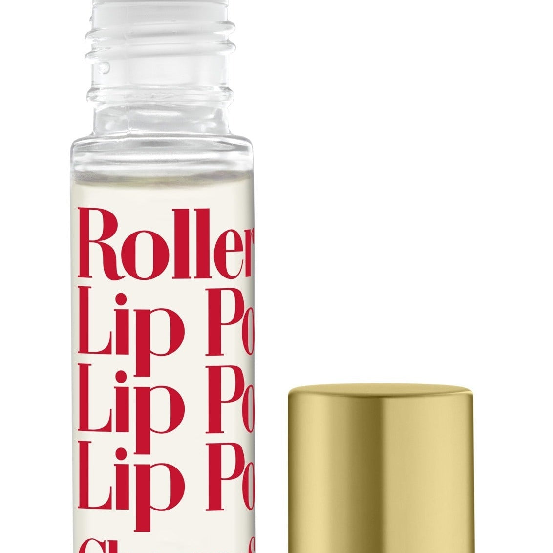 A rollerball lip potion with a clear container and gold-colored cap, labeled 'Roller Lip Potion Cherry'. Available at Be Charmed