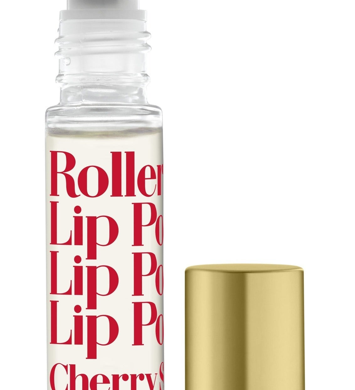 A rollerball lip potion with a clear container and gold-colored cap, labeled 'Roller Lip Potion Cherry'. Available at Be Charmed