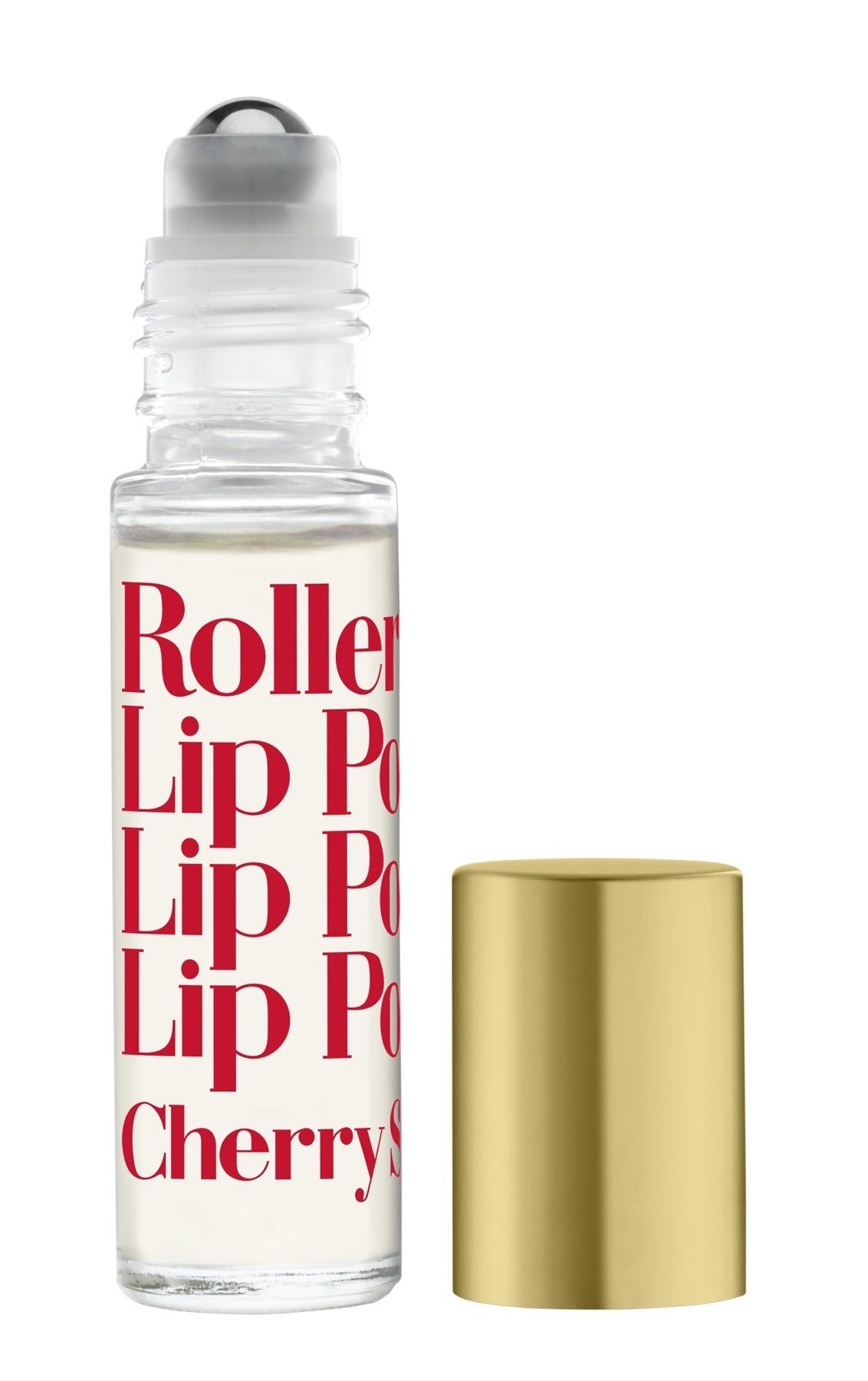 A rollerball lip potion with a clear container and gold-colored cap, labeled 'Roller Lip Potion Cherry'. Available at Be Charmed