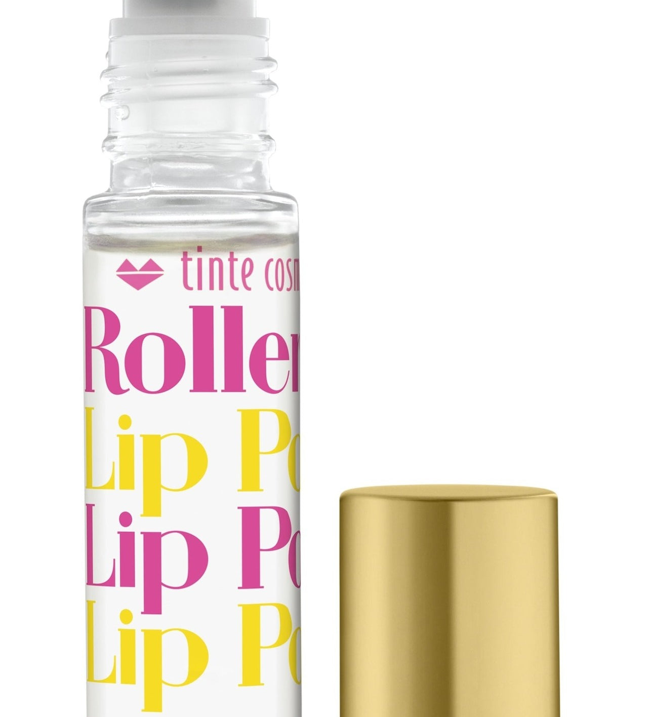 A clear rollerball lip potion bottle with pink and yellow labeling, alongside a gold-colored cap. Available at Be Charmed