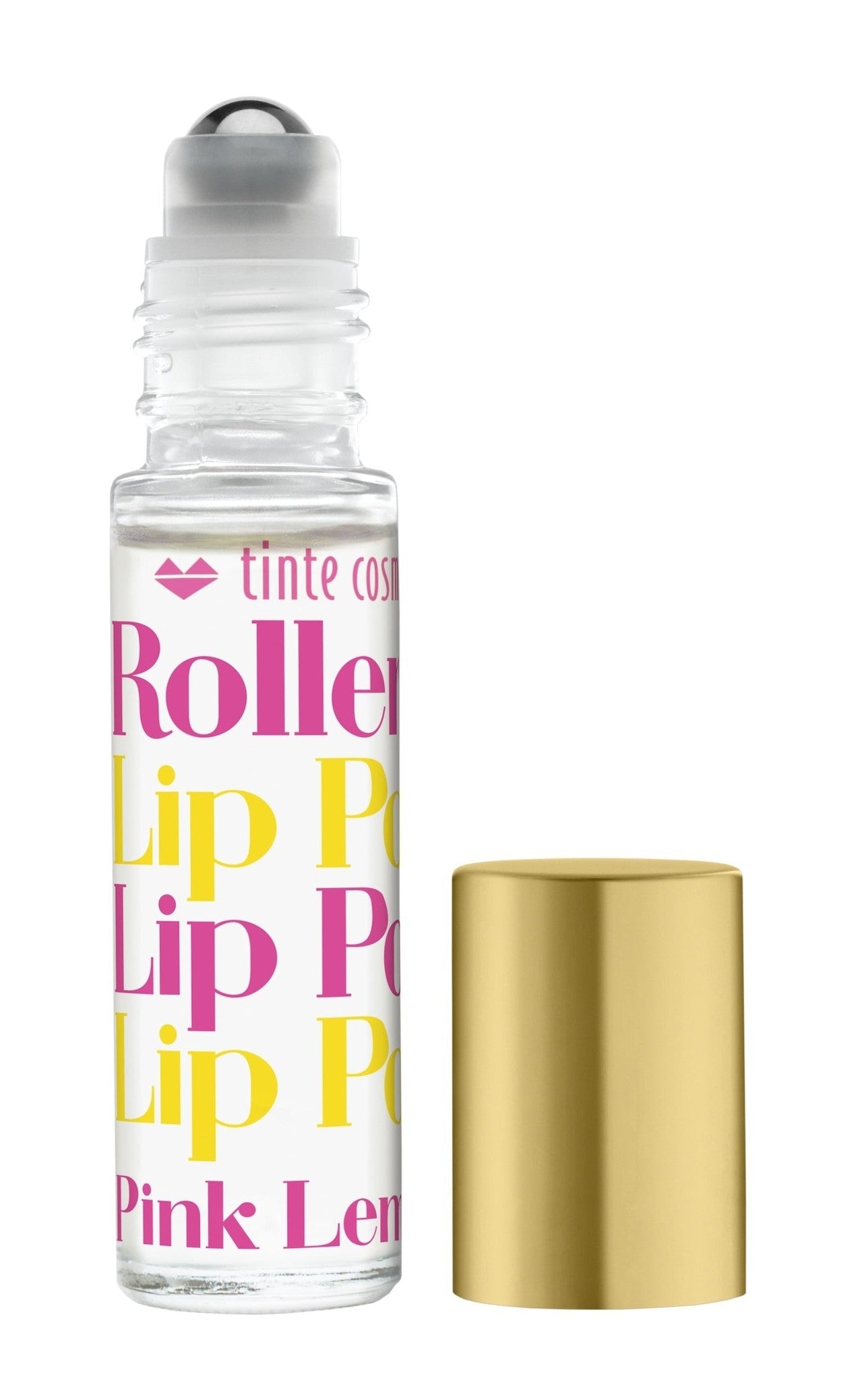 A clear rollerball lip potion bottle with pink and yellow labeling, alongside a gold-colored cap. Available at Be Charmed