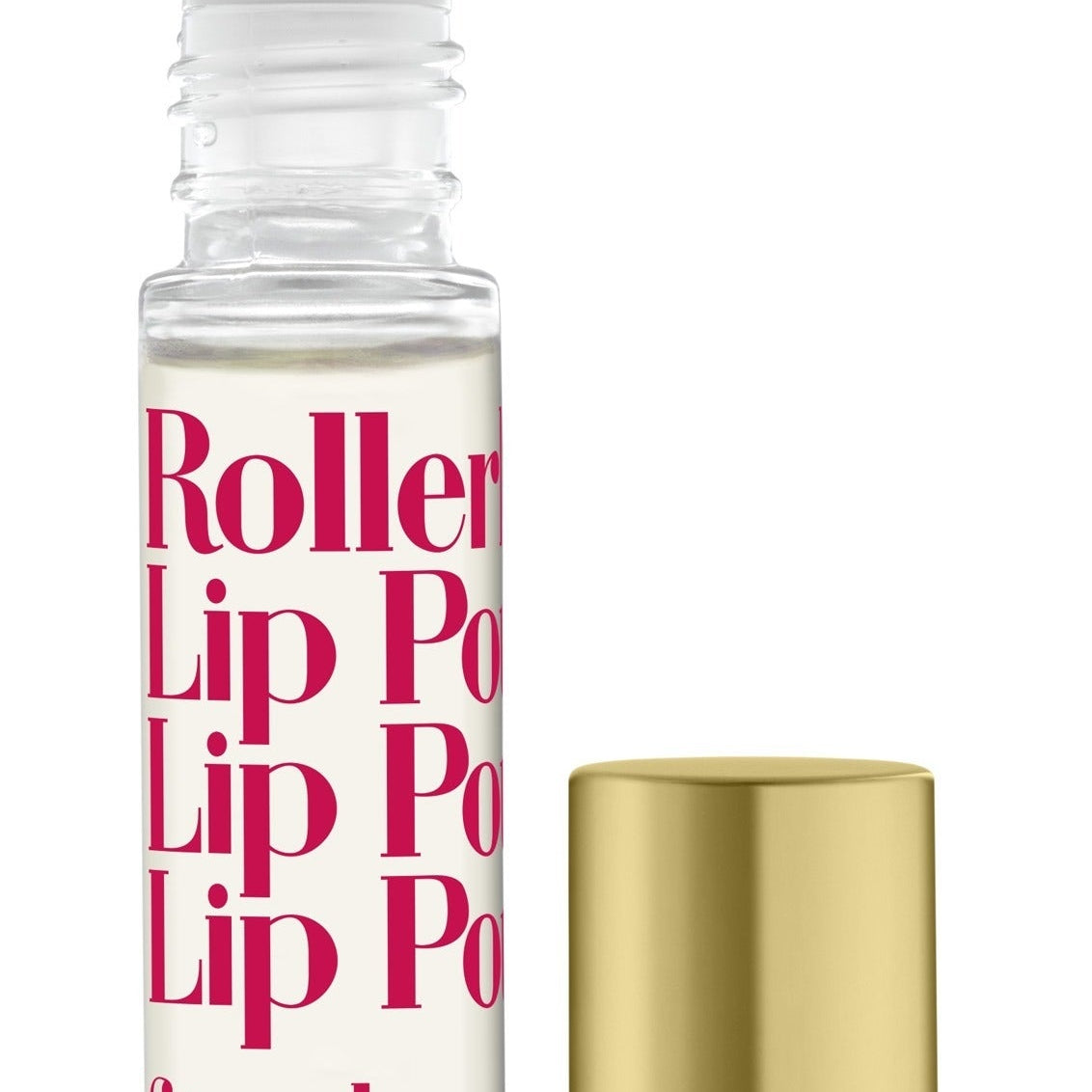 A strawberry-scented Rollerball Lip Potion by Tinte Cosmetics, with a clear liquid visible inside a transparent rollerball container, and a gold-colored lid. Available at Be Charmed