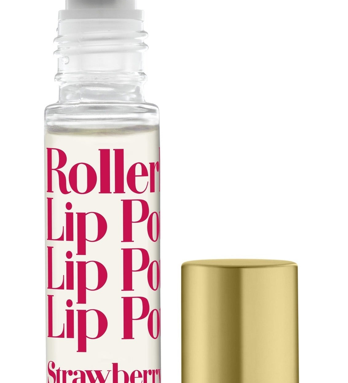 A strawberry-scented Rollerball Lip Potion by Tinte Cosmetics, with a clear liquid visible inside a transparent rollerball container, and a gold-colored lid. Available at Be Charmed