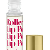 A strawberry-scented Rollerball Lip Potion by Tinte Cosmetics, with a clear liquid visible inside a transparent rollerball container, and a gold-colored lid. Available at Be Charmed