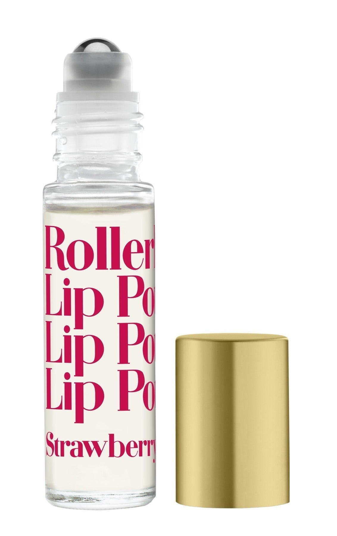 A strawberry-scented Rollerball Lip Potion by Tinte Cosmetics, with a clear liquid visible inside a transparent rollerball container, and a gold-colored lid. Available at Be Charmed