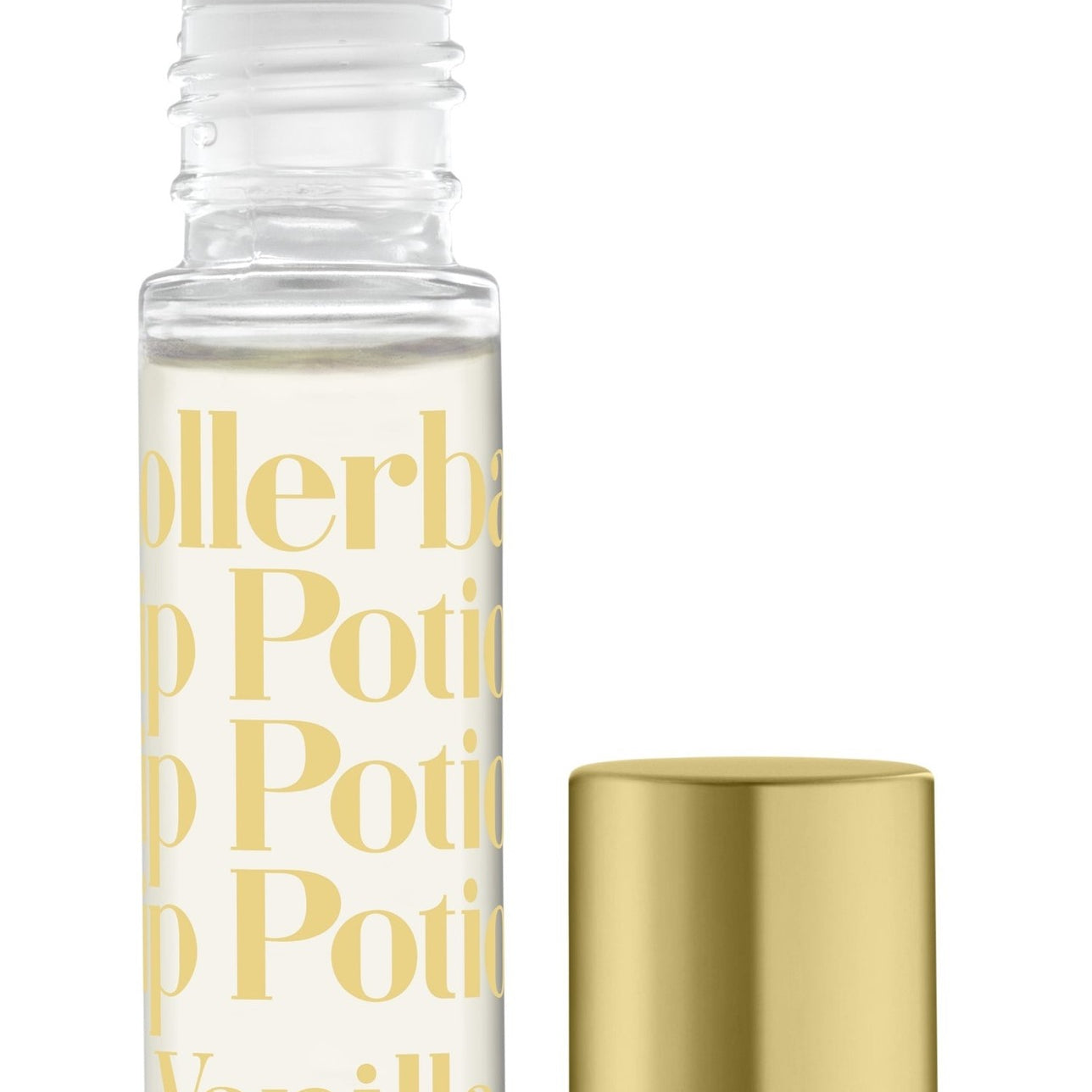 A clear rollerball lip potion bottle with 'TINTE COSMETICS' and 'KISSING POTION VANILLA' printed on it, alongside a gold-colored cap. Available at Be Charmed