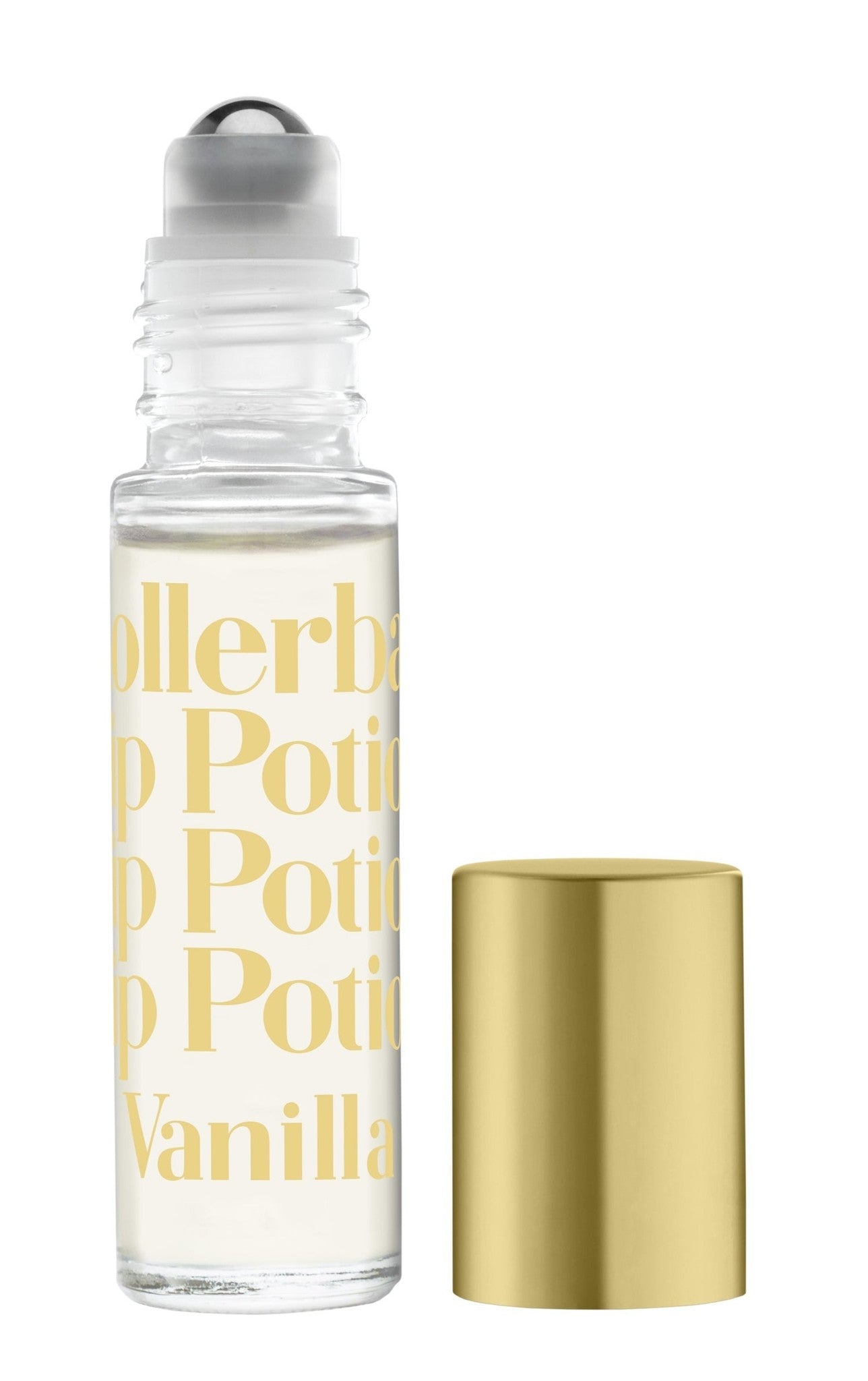 A clear rollerball lip potion bottle with 'TINTE COSMETICS' and 'KISSING POTION VANILLA' printed on it, alongside a gold-colored cap. Available at Be Charmed