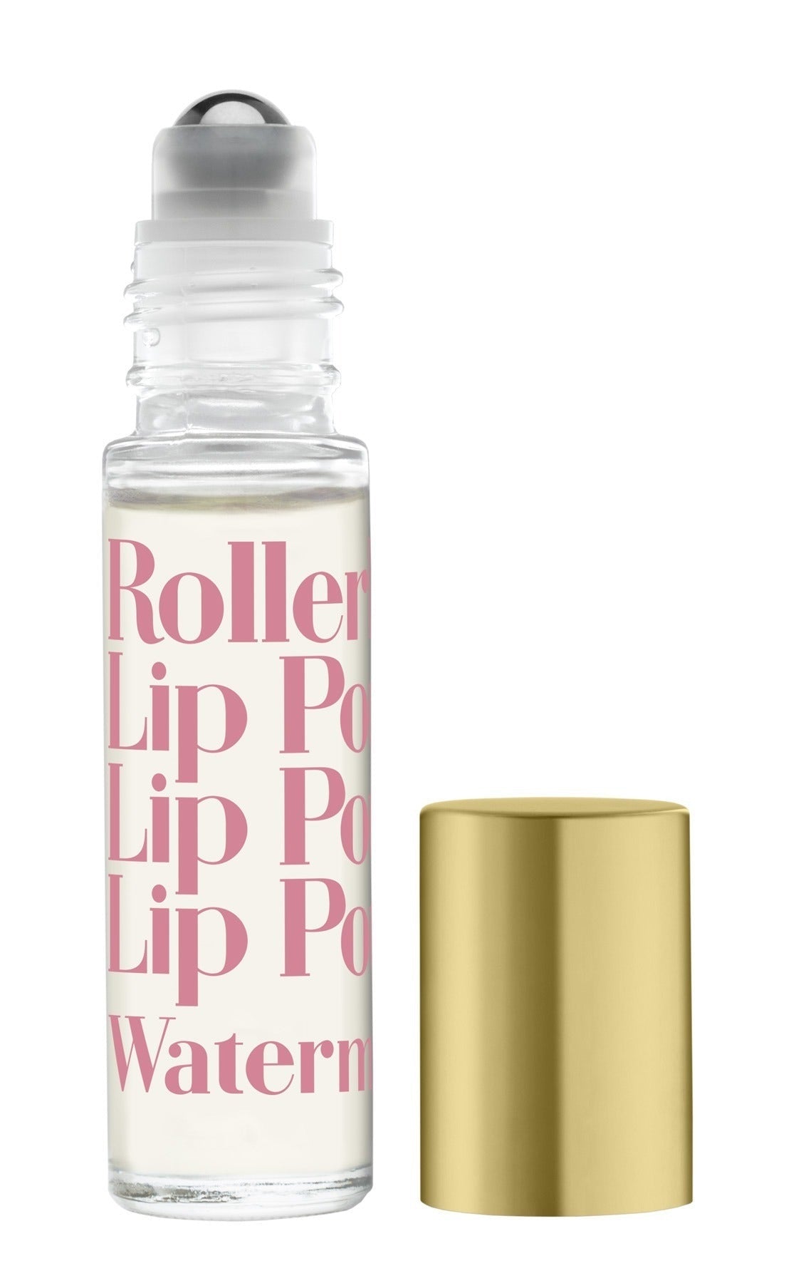 A rollerball lip potion with watermelon flavor, accompanied by its cap, displayed against a white background. Available at Be Charmed