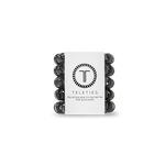 A pack of TIny Teleties hair ties in Jet Black, presented in a white box with the Teleties logo. Available at Be Charmed