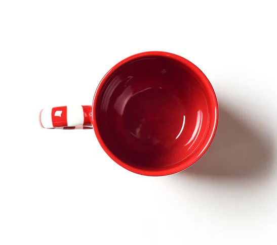 Red mug on a white background. Available at Be Charmed
