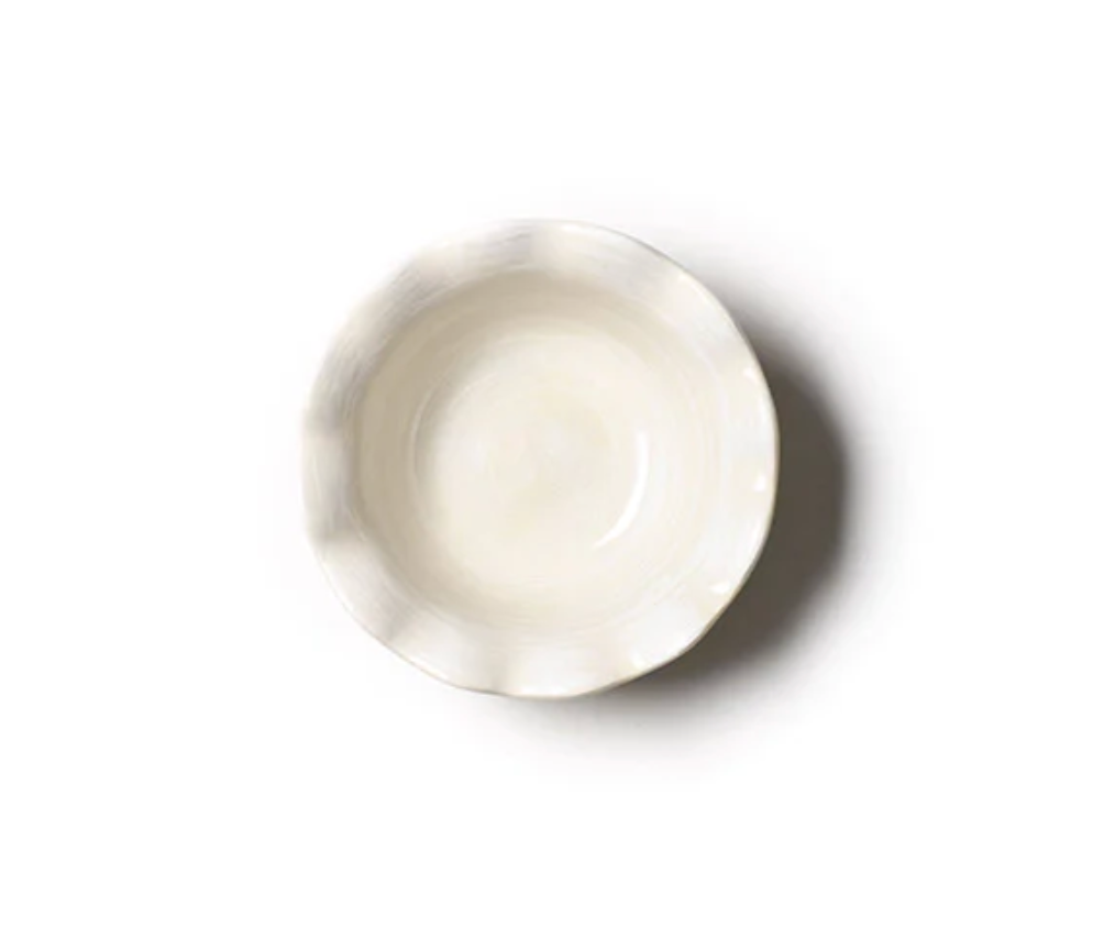 Top view Hand‑painted Coton Colors Signature White Ruffle Dipping Bowl in creamy white stoneware with delicate ruffled edge, perfect for dips, nuts, candles or jewelry – Available at Be Charmed