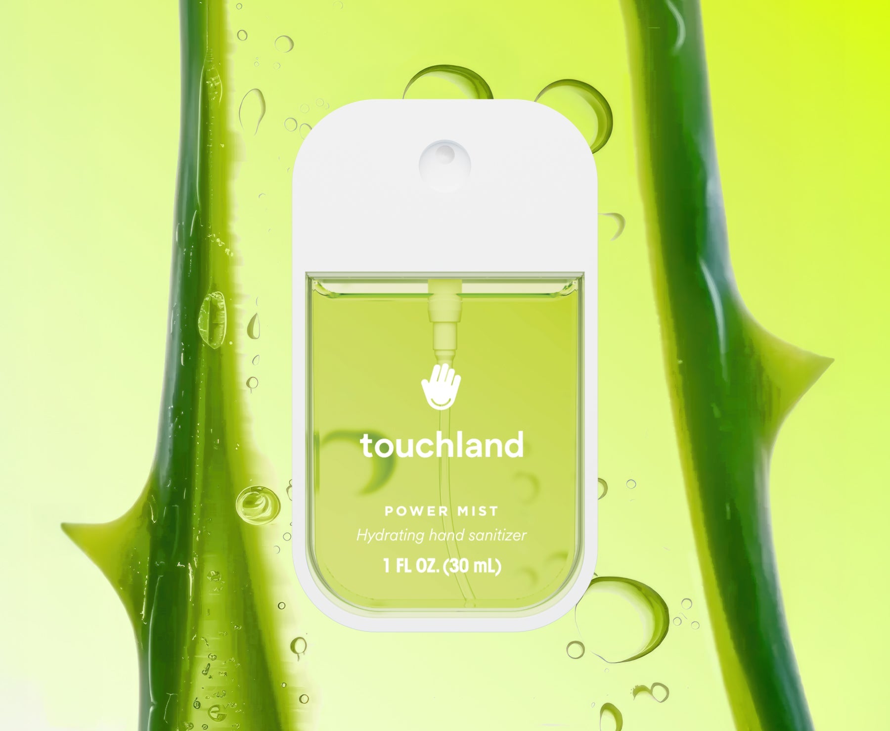 Touchland power mist bottle with aloe vera plant on a green background. Available at Be Charmed