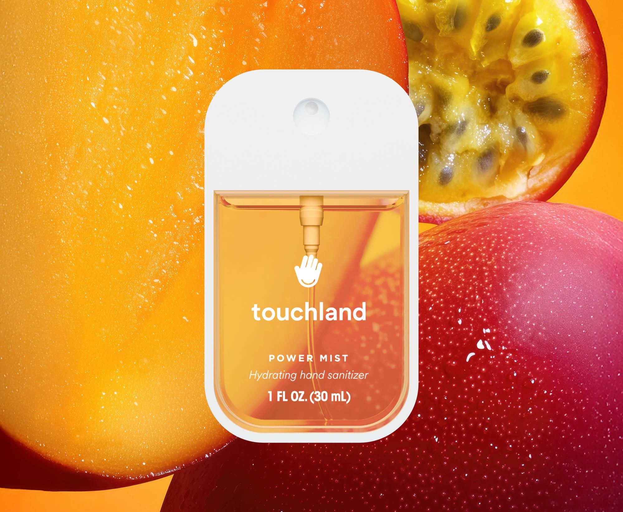 Touchland hand sanitizer bottle with a fruit-themed background. Available at Be Charmed