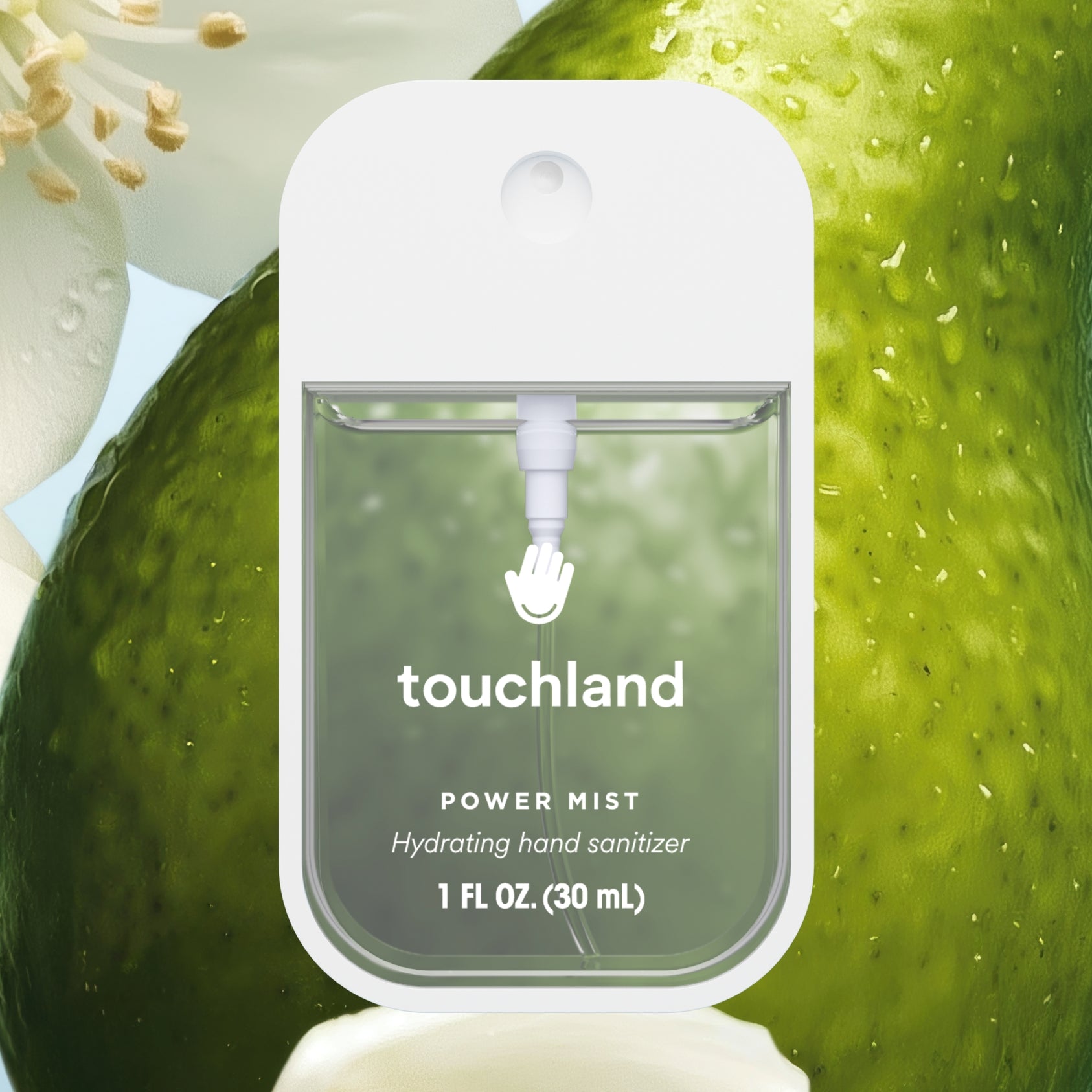 Touchland hand sanitizer power mist with green apple background. Available at Be Charmed.
