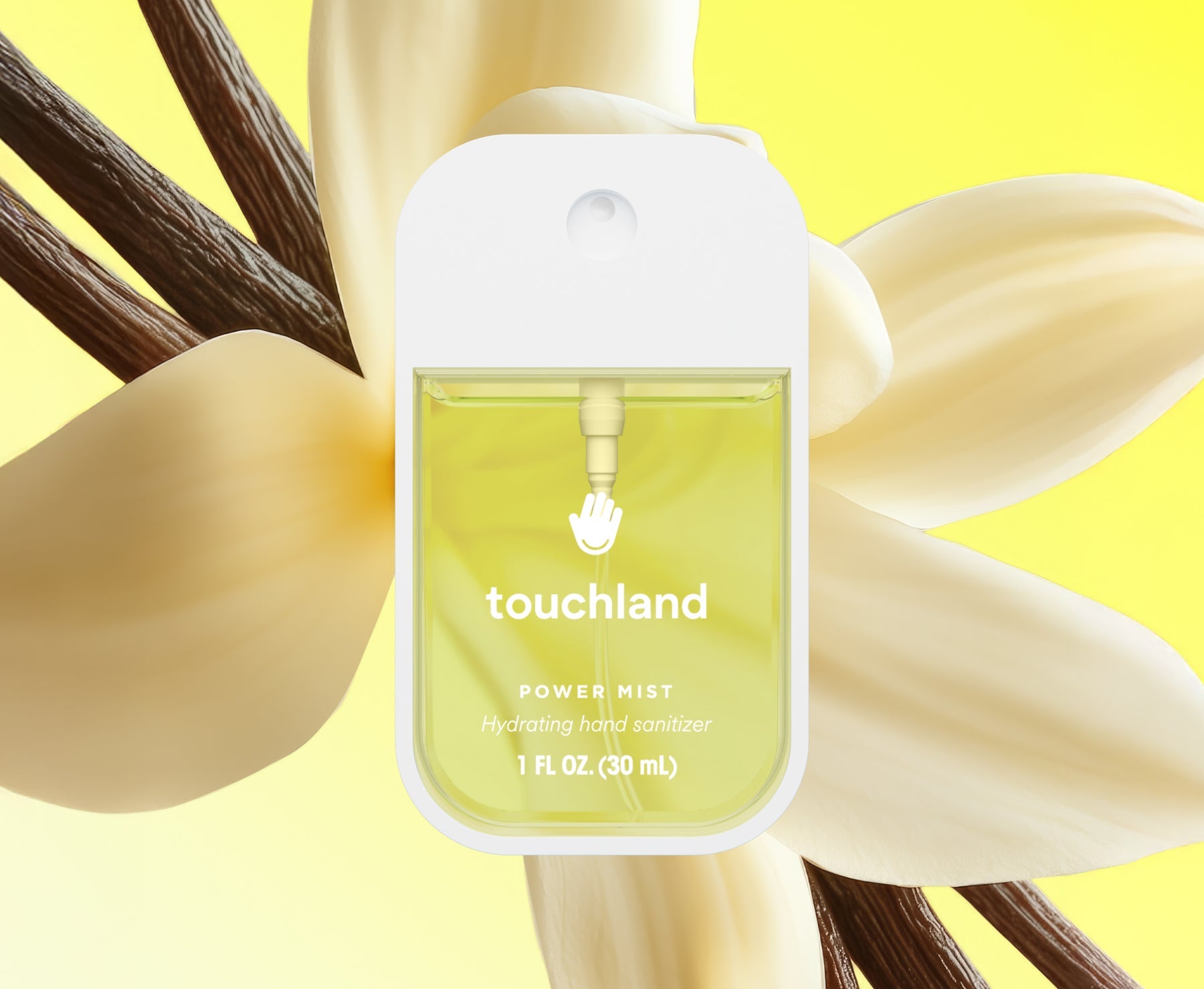 Touchland hand sanitizer bottle with a banana design on a yellow background. Available at Be Charmed