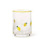 Clear glass double old fashioned with yellow lemon illustrations on a white background. Available at Be Charmed