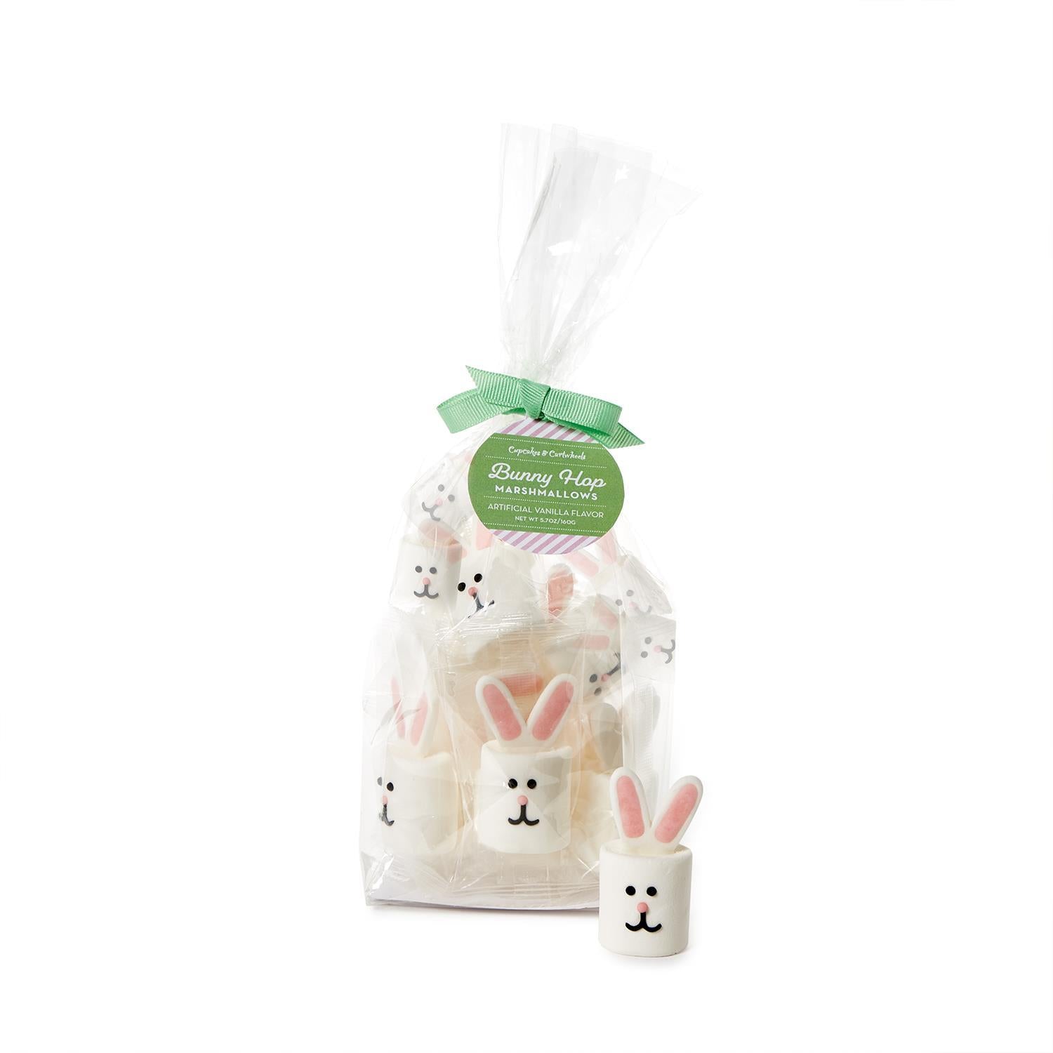 Set of bunny-shaped marshmallows in a clear bag with a green ribbon on a white background. Available at Be Charmed