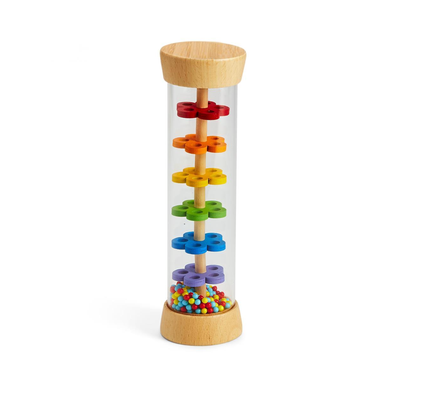 Colorful rattle toy with wooden base and lid on a white background. Available at Be Charmed