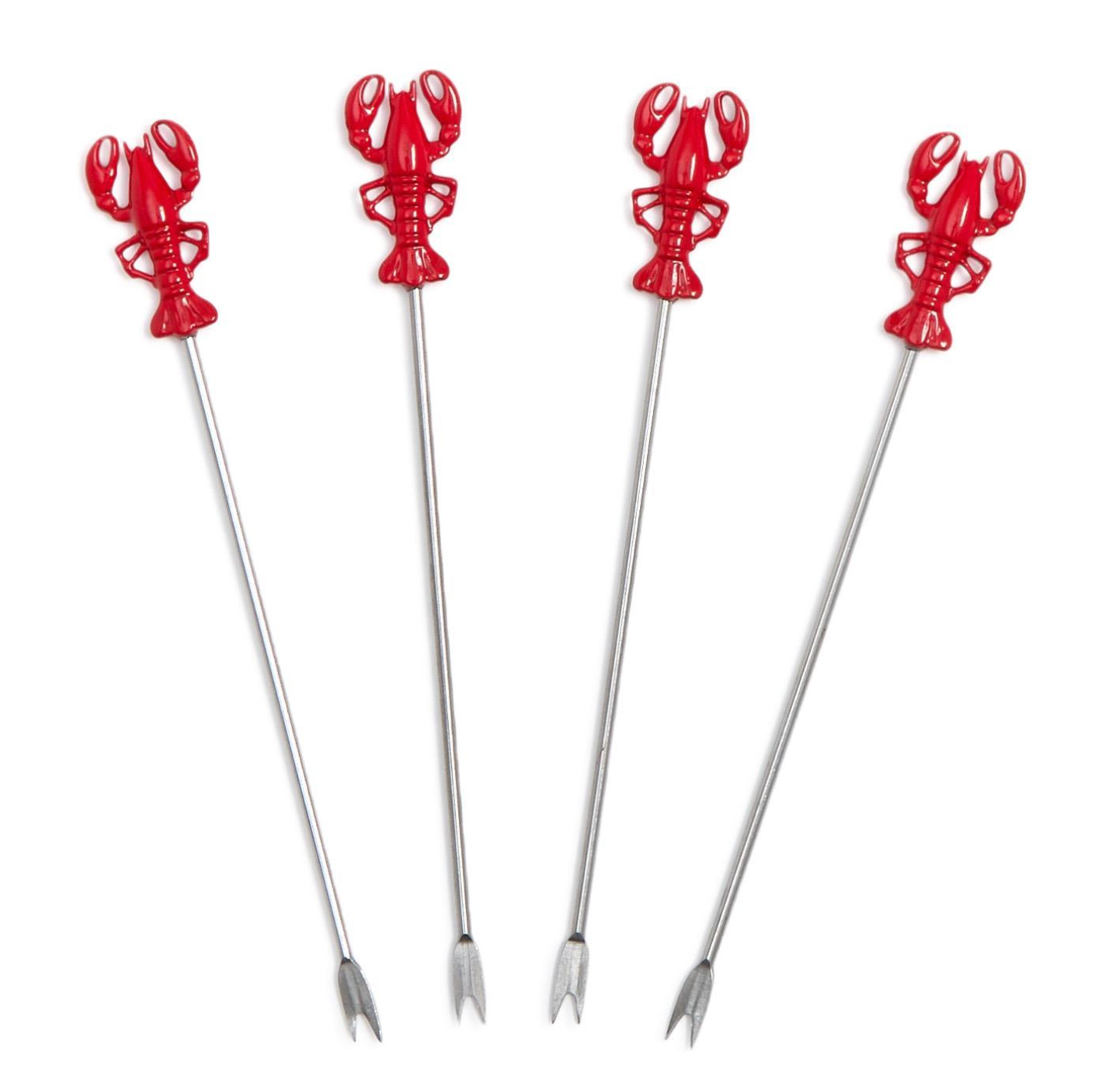 Four lobster-shaped cocktail picks on a white background. Available at Be Charmed