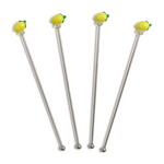 Four metal cocktail stirrers with lemon-shaped ends on a white background. Available at Be Charmed