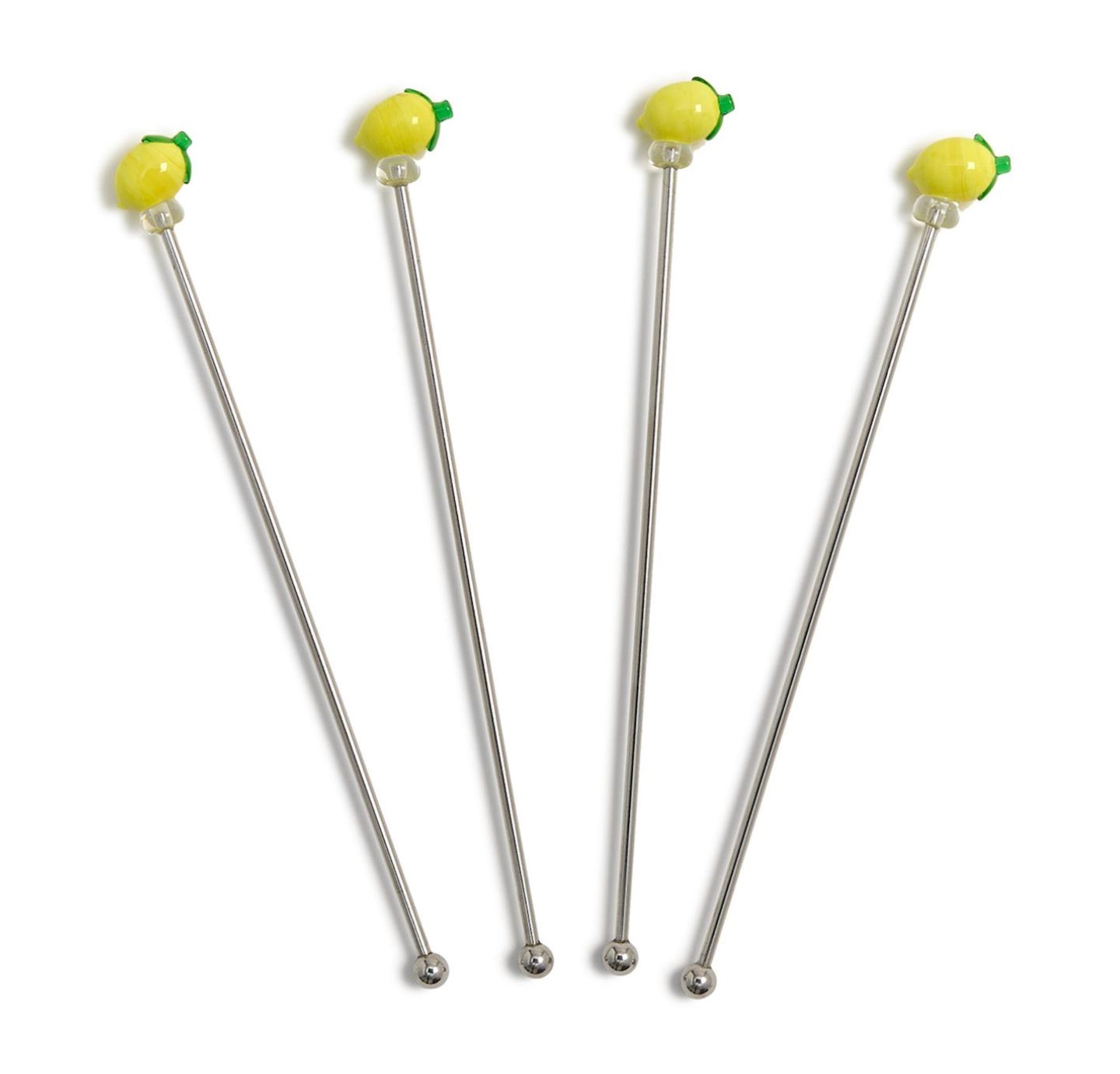 Four metal cocktail stirrers with lemon-shaped ends on a white background. Available at Be Charmed