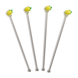 Four metal cocktail stirrers with lemon-shaped ends on a white background. Available at Be Charmed