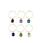 Set of six gold hoop wine charms with colorful gemstone on a white background. Available at Be Charmed