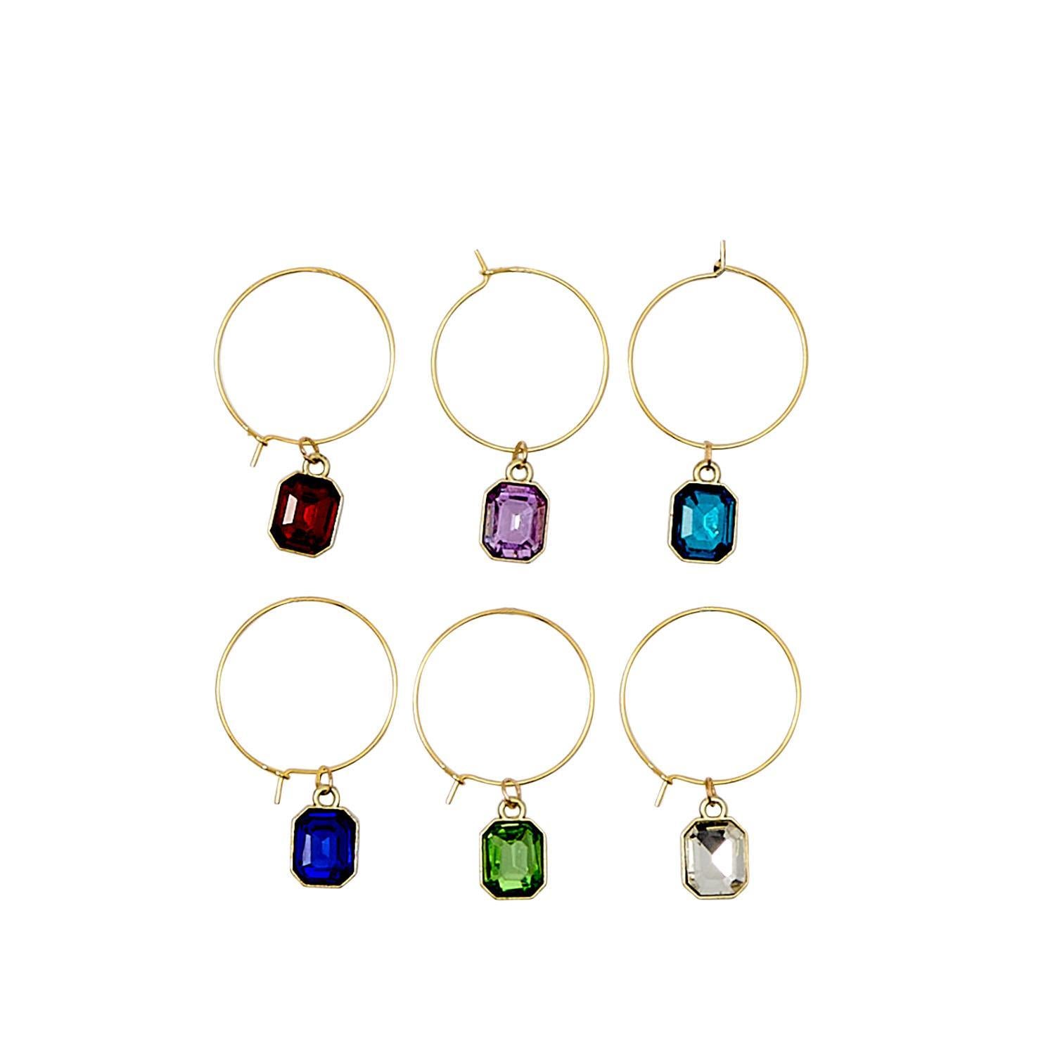 Set of six gold hoop wine charms with colorful gemstone on a white background. Available at Be Charmed