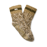 Pair of olive patterned socks with a brand logo on a white background. Avalable at Be Charmed.