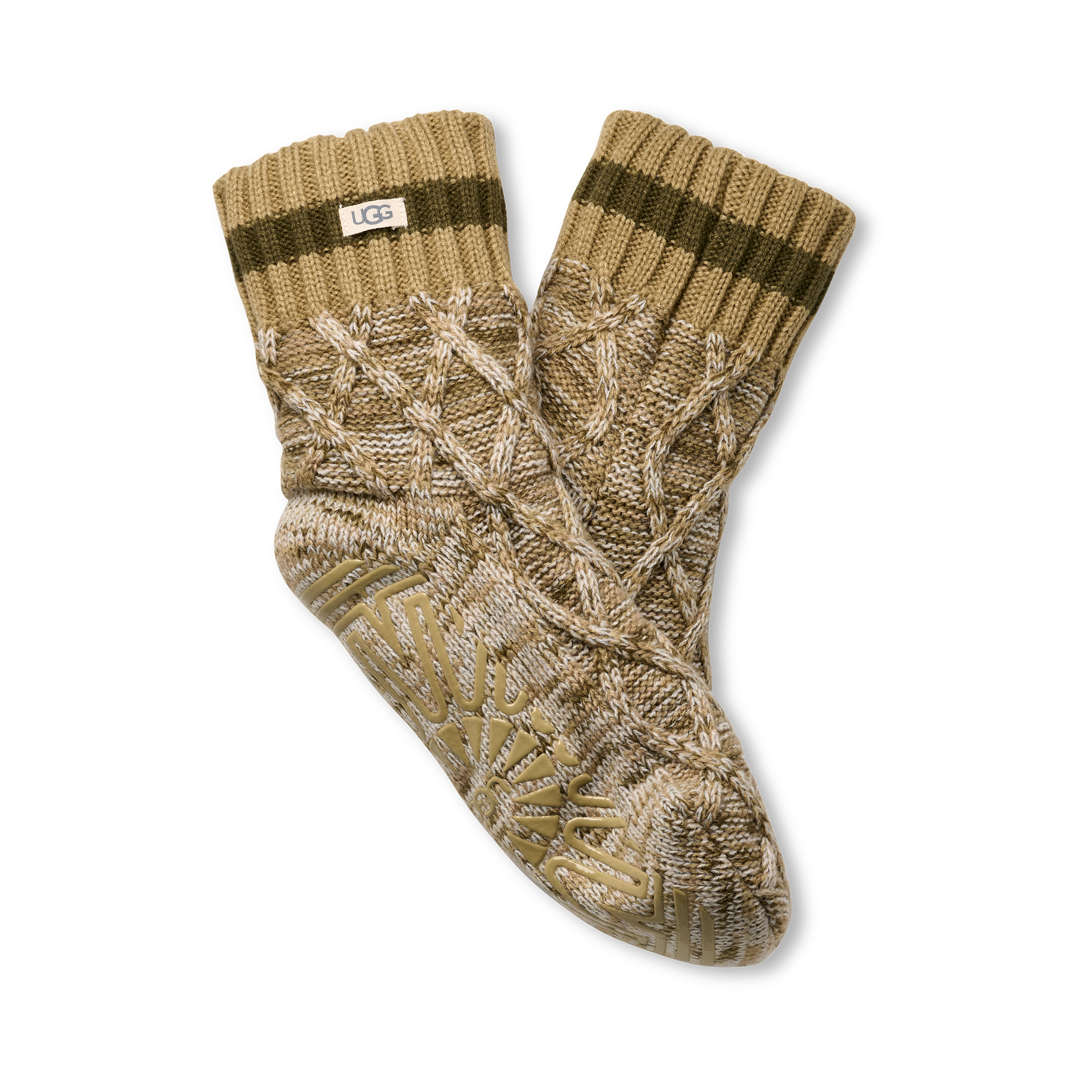 Pair of olive patterned socks with a brand logo on a white background. Avalable at Be Charmed.
