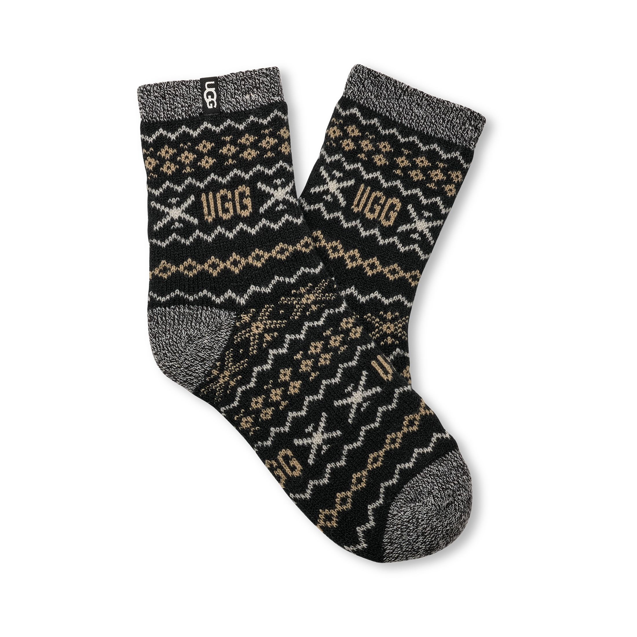 Pair of UGG socks with a pattern on a white background. Available at Be Charmed. 