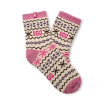 Pair of UGG socks with pink and beige pattern on a white background. Available at Be Charmed. 