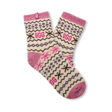 Pair of UGG socks with pink and beige pattern on a white background. Available at Be Charmed. 