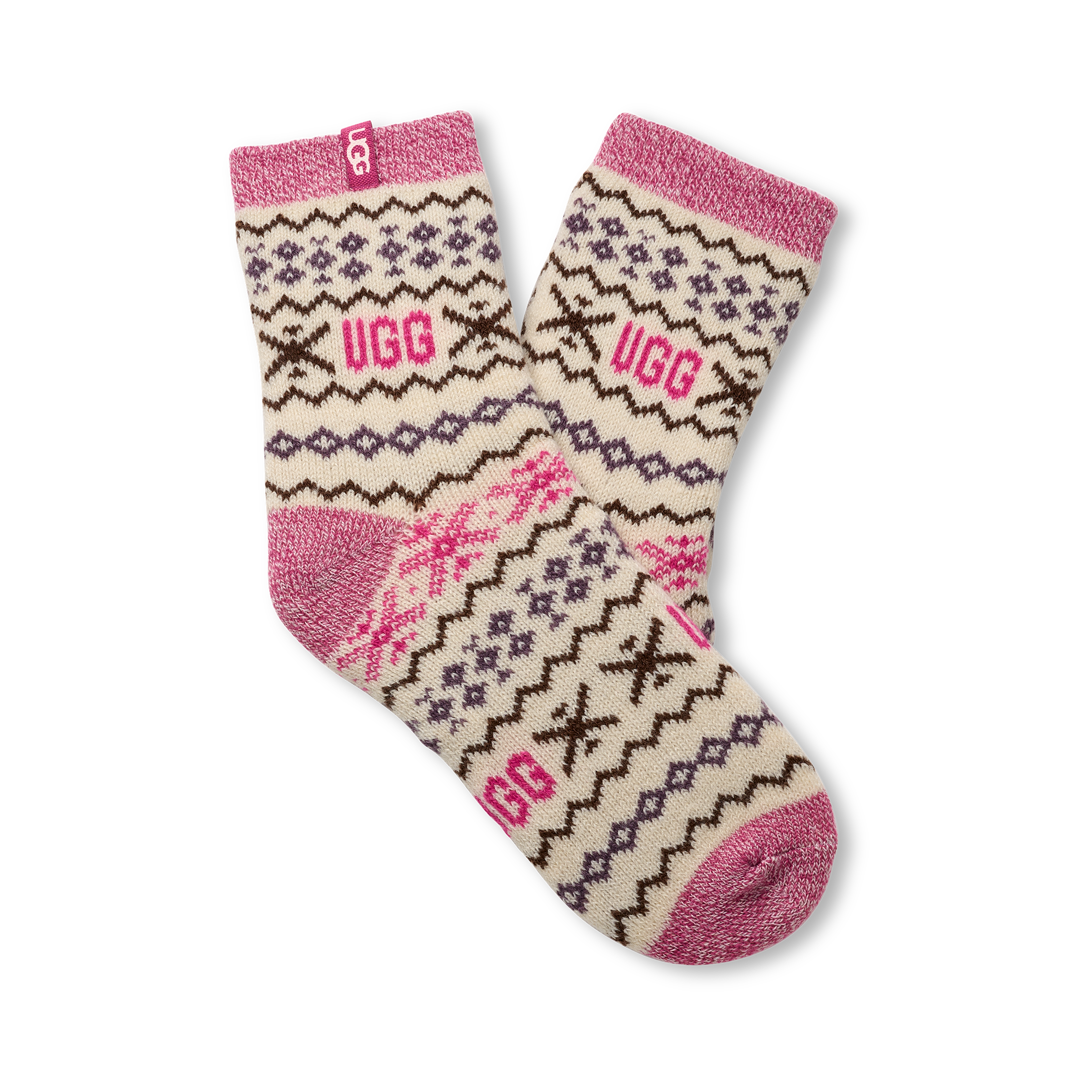 Pair of UGG socks with pink and beige pattern on a white background. Available at Be Charmed. 