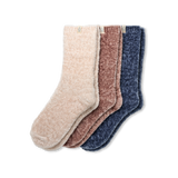 Three pairs of UGG leda socks in beige, brown, and blue on a white background
