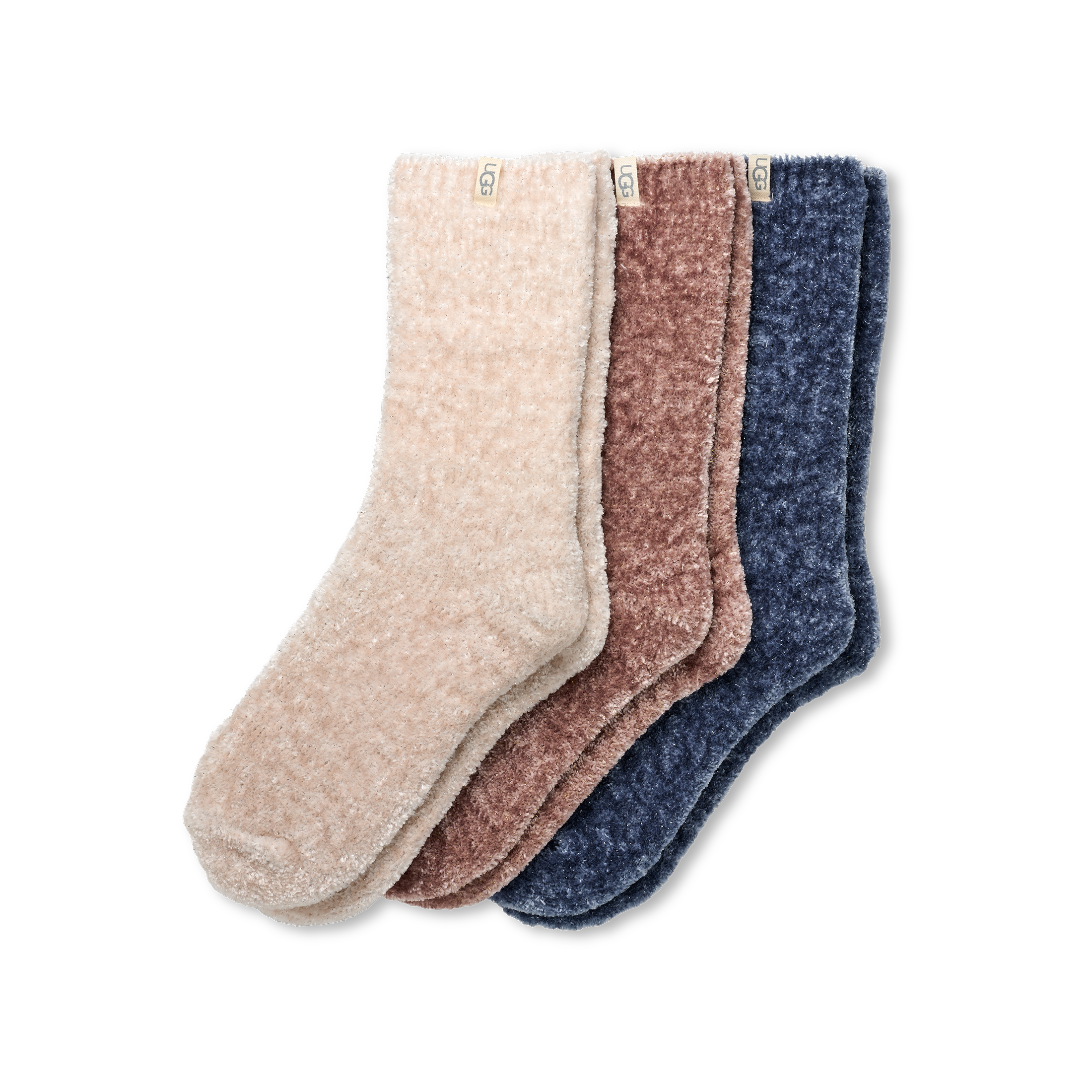 Three pairs of UGG leda socks in beige, brown, and blue on a white background