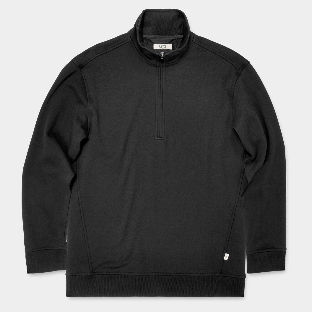 UGG Black Men's Zeke half-zip pullover sweater in a soft cotton-blend fleece, available at Be Charmed.